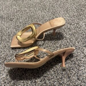 Women Jeffery Campbell tan satin kitten heel sandals. Brand new.Size 10